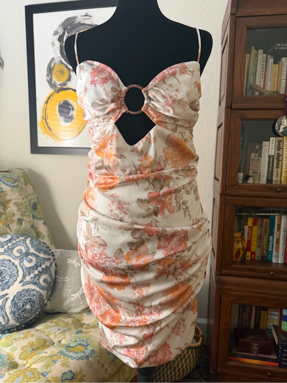 Nookie Utopia Mini Dress M Peach Floral Ruched Cutout Ring Bodycon